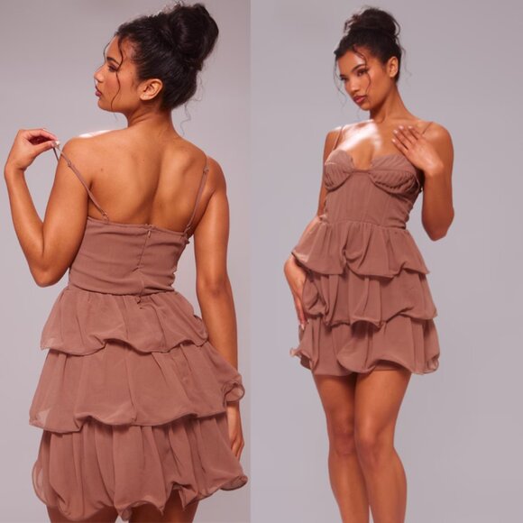 PrettyLittleThing Mocha Chiffon Pleat Cup Detail Frill Shift Dress - Picture 2 of 2